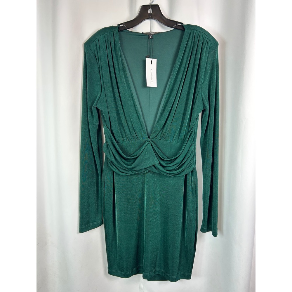 Dynamite Monroe Jewel Green Solid Bodycon Knit Dress Ruched Plunge Glam XL